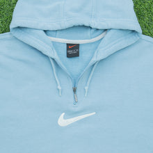 Load image into Gallery viewer, Women’s 1999 Nike Large Swoosh Sleeve Spell Out Embroidered Boxy 1/4 Quarter Zip Light Blue Hoodie - M (10-12)
