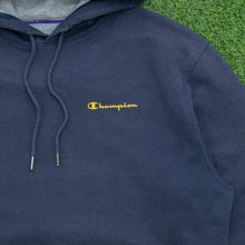 Load image into Gallery viewer, Champion Small Spell Out Double Sided Graphic Embroidered Logo Drawstring Pullover Navy Hoodie - L
