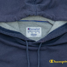 Load image into Gallery viewer, Champion Small Spell Out Double Sided Graphic Embroidered Logo Drawstring Pullover Navy Hoodie - L
