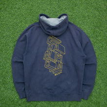 Load image into Gallery viewer, Champion Small Spell Out Double Sided Graphic Embroidered Logo Drawstring Pullover Navy Hoodie - L
