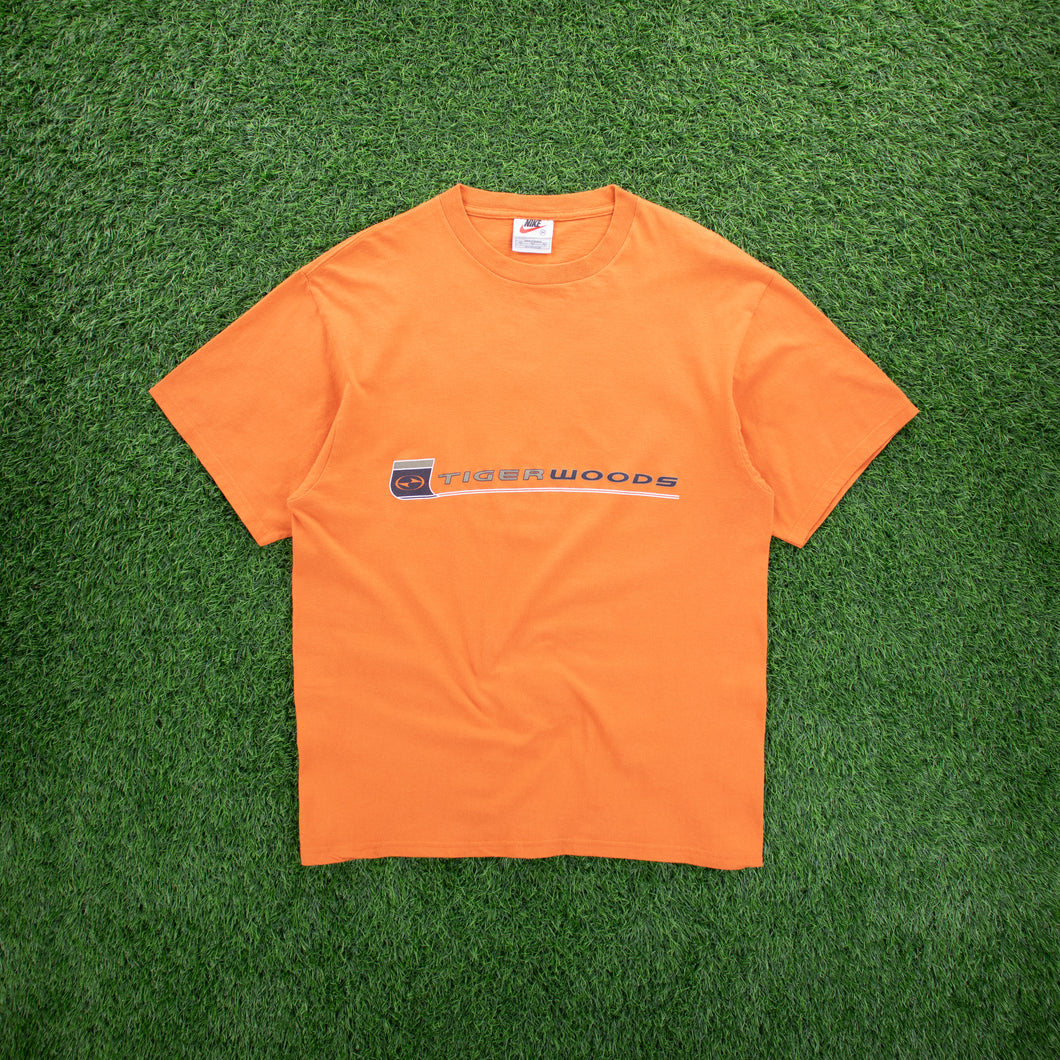 (1997) Nike Tiger Woods Golf Large Spell Out Graphic Orange T-Shirt - M/L