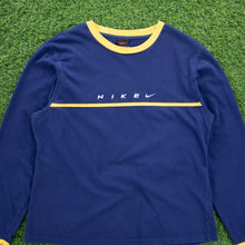 Load image into Gallery viewer, (1999) Women’s Nike Spell Out Small Swoosh Embroidered Navy Yellow Longsleeve T-Shirt - L/XL (14-18)
