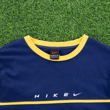 Load image into Gallery viewer, (1999) Women’s Nike Spell Out Small Swoosh Embroidered Navy Yellow Longsleeve T-Shirt - L/XL (14-18)
