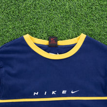 Load image into Gallery viewer, (1999) Women’s Nike Spell Out Small Swoosh Embroidered Navy Yellow Longsleeve T-Shirt - L/XL (14-18)
