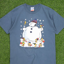 Load image into Gallery viewer, (1997) Snoopy Woodstock Peanuts Snowman ‘Winter is snow much fun’ Christmas Graphic Blue T-Shirt - L
