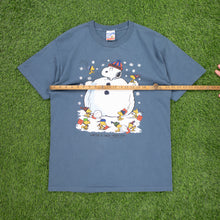 Load image into Gallery viewer, (1997) Snoopy Woodstock Peanuts Snowman ‘Winter is snow much fun’ Christmas Graphic Blue T-Shirt - L
