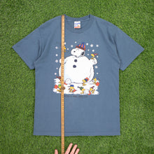 Load image into Gallery viewer, (1997) Snoopy Woodstock Peanuts Snowman ‘Winter is snow much fun’ Christmas Graphic Blue T-Shirt - L
