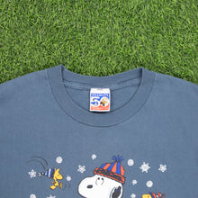 Load image into Gallery viewer, (1997) Snoopy Woodstock Peanuts Snowman ‘Winter is snow much fun’ Christmas Graphic Blue T-Shirt - L
