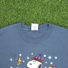 Load image into Gallery viewer, (1997) Snoopy Woodstock Peanuts Snowman ‘Winter is snow much fun’ Christmas Graphic Blue T-Shirt - L
