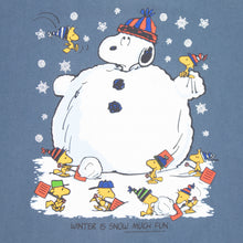 Load image into Gallery viewer, (1997) Snoopy Woodstock Peanuts Snowman ‘Winter is snow much fun’ Christmas Graphic Blue T-Shirt - L
