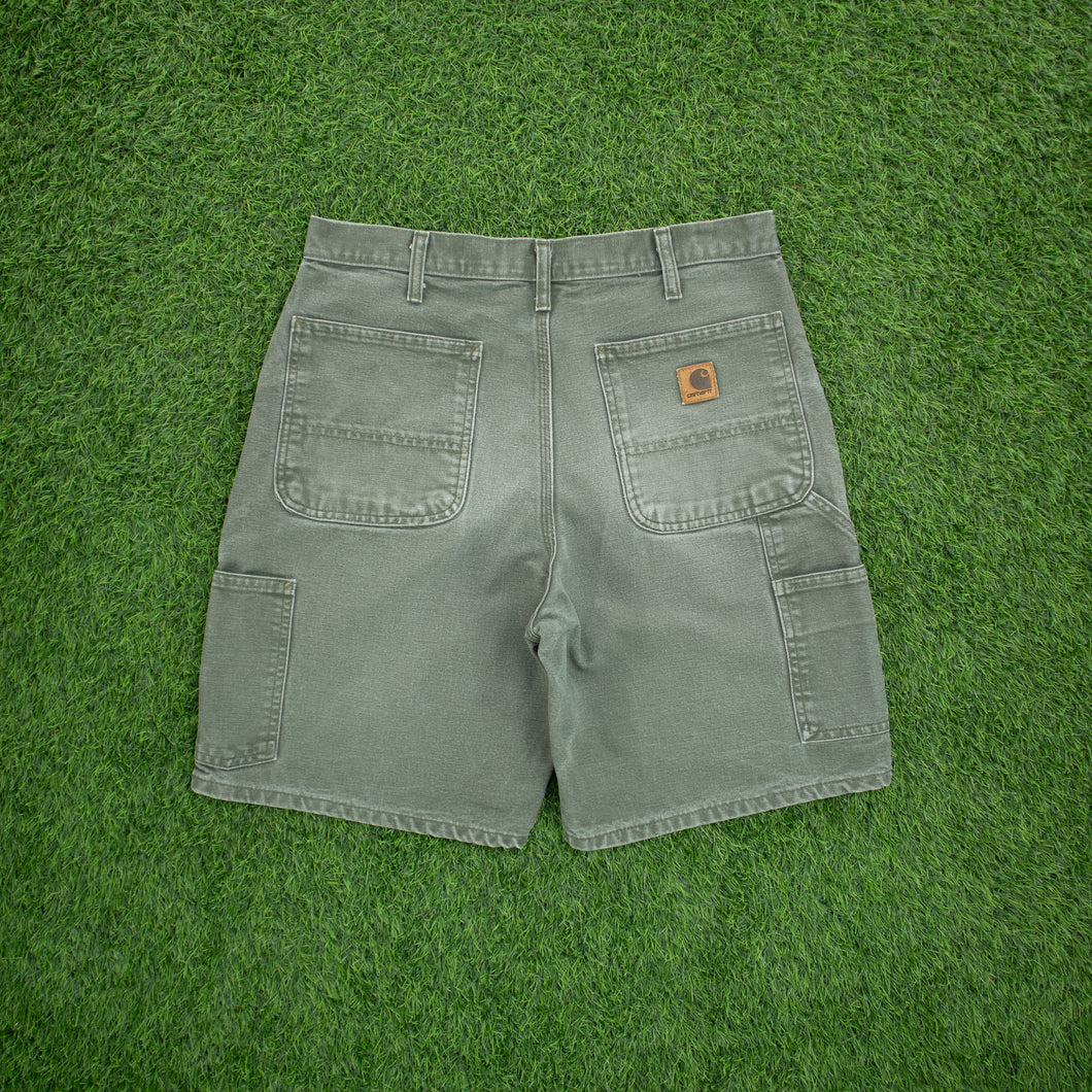 Carhartt Carpenter Workwear Medium Wash Denim Green Jort Shorts - 32”
