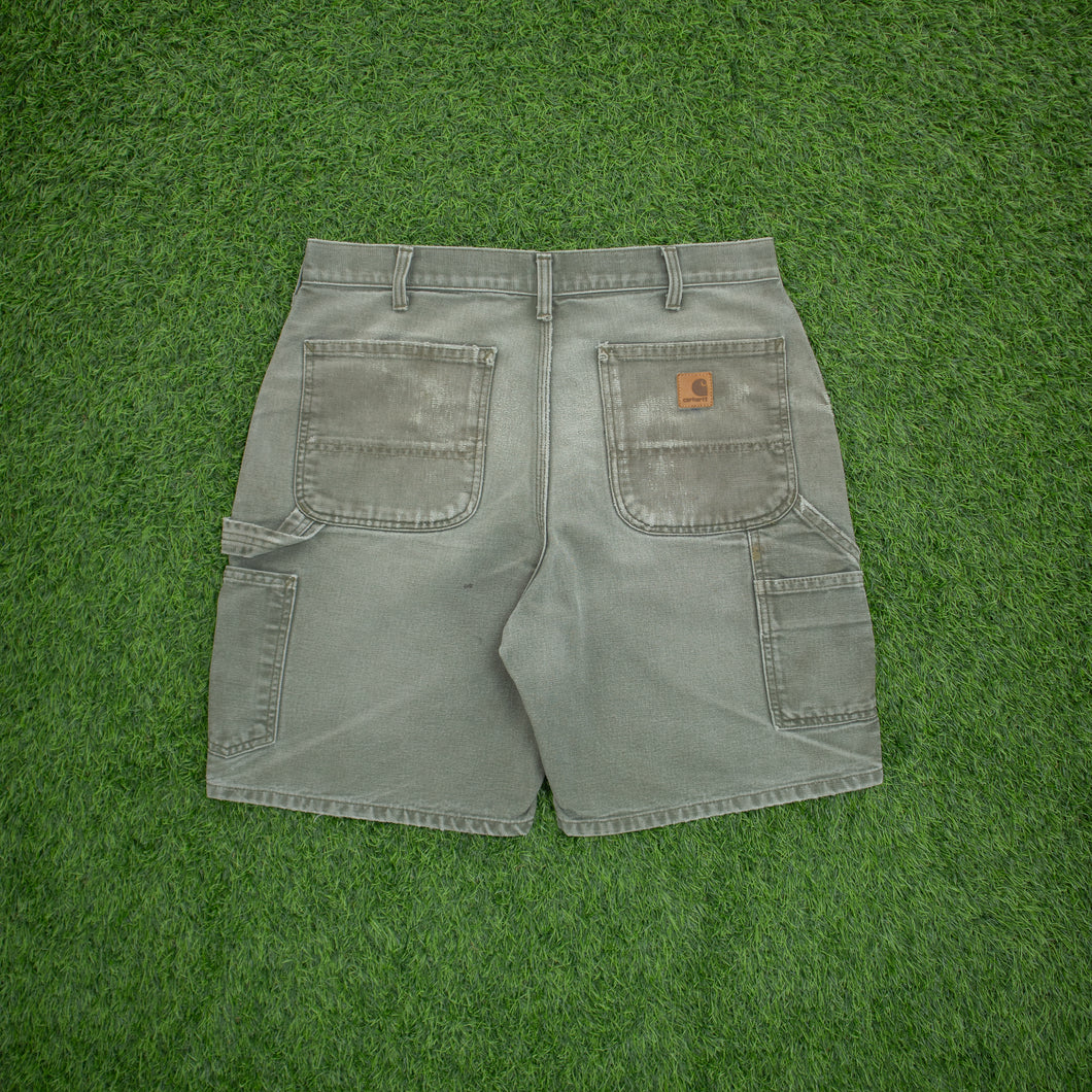 Carhartt Carpenter Distressed Workwear Medium Wash Denim Green Jort Shorts - 33”