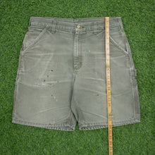 Load image into Gallery viewer, Carhartt Carpenter Distressed Workwear Medium Wash Denim Green Jort Shorts - 33”
