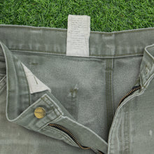 Load image into Gallery viewer, Carhartt Carpenter Distressed Workwear Medium Wash Denim Green Jort Shorts - 33”
