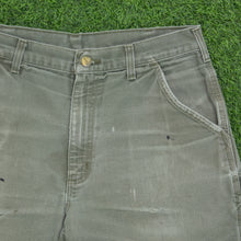 Load image into Gallery viewer, Carhartt Carpenter Distressed Workwear Medium Wash Denim Green Jort Shorts - 33”
