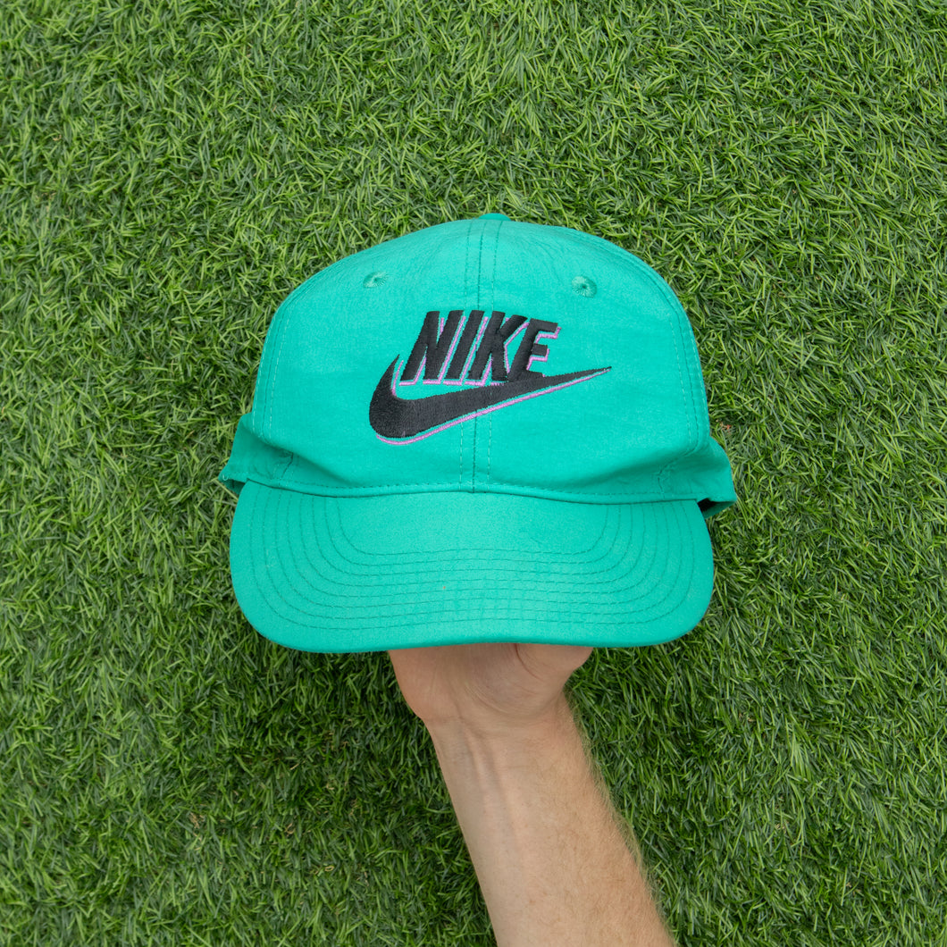 1993 Nike 3D Swoosh Logo Embroidered Turquoise Green Purple Nylon SnapBack Cap - One Size