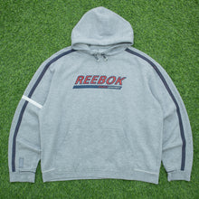 Load image into Gallery viewer, Reebok Athletic Department Spell Out Logo Taping Drawstring Pullover Boxy Grey Hoodie - XL
