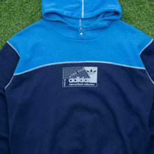 Load image into Gallery viewer, Adidas Originals International Collection Action Wear Graphic Two Tone Colour Block Contrast Reverse Stitch Button Up Pullover Navy Blue Hoodie - L (42/44)
