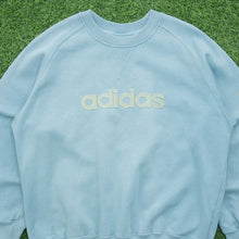 Load image into Gallery viewer, Women’s 2001 Adidas Spell Out Embroidered Logo Boxy Crewneck Light Blue Sweatshirt - M (10-12)
