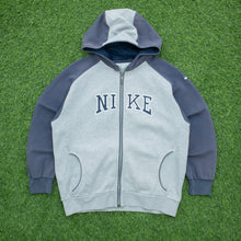 Load image into Gallery viewer, Women’s 2003 Nike Spell Out Small Swoosh Embroidered Mesh Logo Piping Zip Up Raglan Grey Navy Hoodie - L (12-14)
