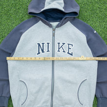 Load image into Gallery viewer, Women’s 2003 Nike Spell Out Small Swoosh Embroidered Mesh Logo Piping Zip Up Raglan Grey Navy Hoodie - L (12-14)
