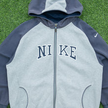 Load image into Gallery viewer, Women’s 2003 Nike Spell Out Small Swoosh Embroidered Mesh Logo Piping Zip Up Raglan Grey Navy Hoodie - L (12-14)
