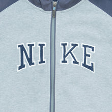 Load image into Gallery viewer, Women’s 2003 Nike Spell Out Small Swoosh Embroidered Mesh Logo Piping Zip Up Raglan Grey Navy Hoodie - L (12-14)
