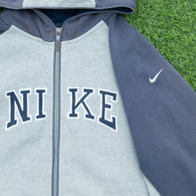 Load image into Gallery viewer, Women’s 2003 Nike Spell Out Small Swoosh Embroidered Mesh Logo Piping Zip Up Raglan Grey Navy Hoodie - L (12-14)
