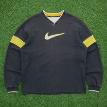 Load image into Gallery viewer, 1998 Nike Large Swoosh Embroidered Logo Varsity V-Neck Black Yellow Sweatshirt - XL
