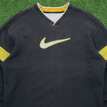 Load image into Gallery viewer, 1998 Nike Large Swoosh Embroidered Logo Varsity V-Neck Black Yellow Sweatshirt - XL
