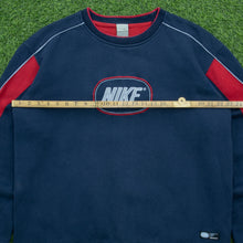 Load image into Gallery viewer, 2003 Nike Spell Out Embroidered Logo Piping Boxy Crewneck Navy Sweatshirt - L
