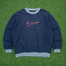 Load image into Gallery viewer, 1999 Nike Large Swoosh Embroidered Logo Boxy Crewneck Navy Sweatshirt - L
