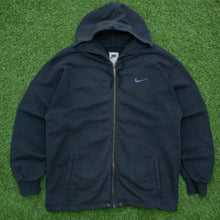 Load image into Gallery viewer, 1996 Nike Small Swoosh Embroidered Logo Drawstring Adjustable Waist Zip Up Black Hoodie - L
