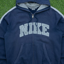 Load image into Gallery viewer, 2006 Nike Spell Out Embroidered Taping Drawstring Navy Zip Up Hoodie - M/L
