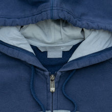 Load image into Gallery viewer, 2006 Nike Spell Out Embroidered Taping Drawstring Navy Zip Up Hoodie - M/L
