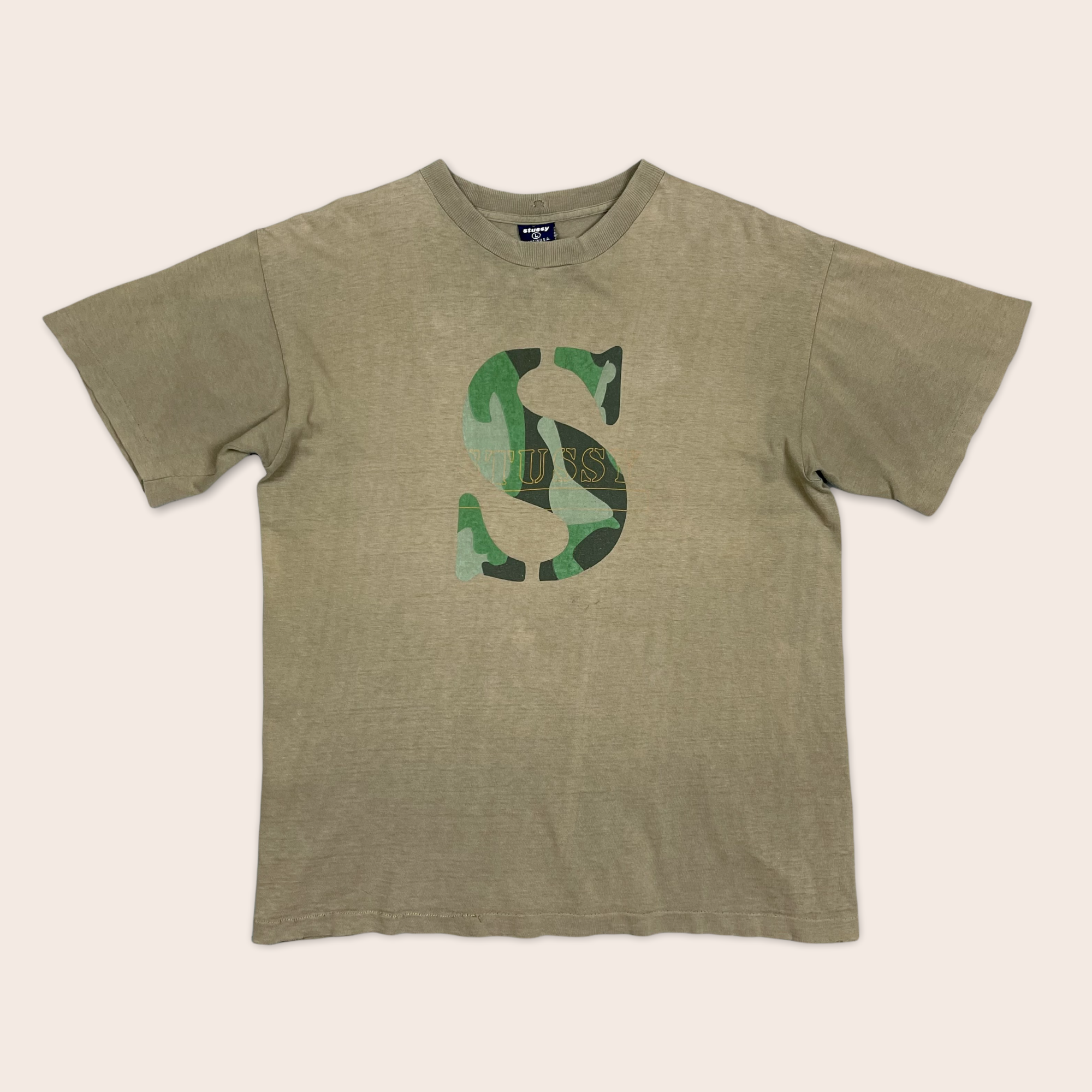1990's) Stussy 'S' Camouflage logo graphic t-shirt - L 1990's) Stussy 'S' Camouflage logo graphic t-shirt - L